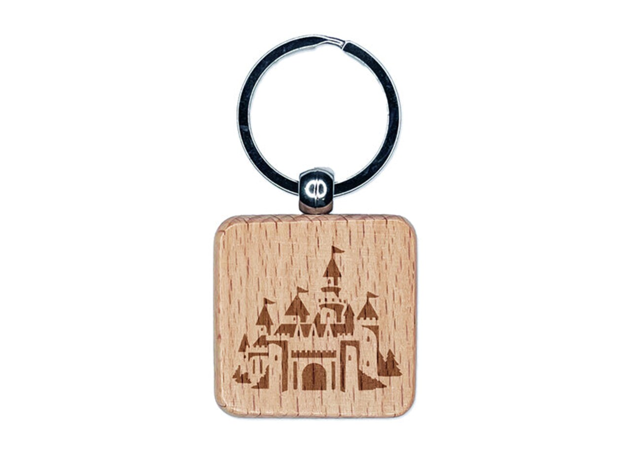 Fantasy Fairytale Castle with Towers Engraved Wood Square Keychain Tag Charm